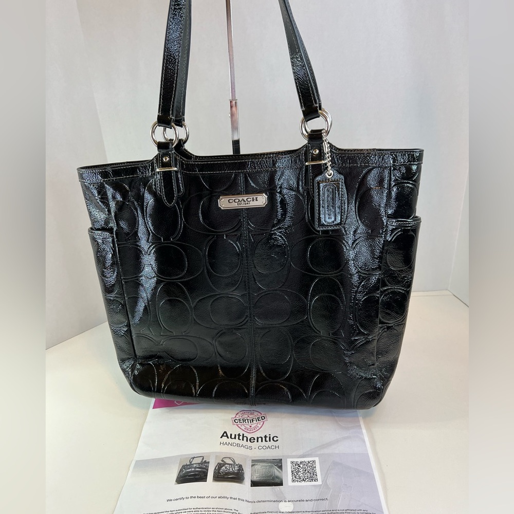 Coach Signature Black Embossed Patent Leather Gallery Tote w/COA